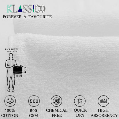 Klassico Face Towel 500 GSM, Size 30 * 30 cm, Soft & Fluffy towel, (Pack of 6) | Color Combo - Regency India