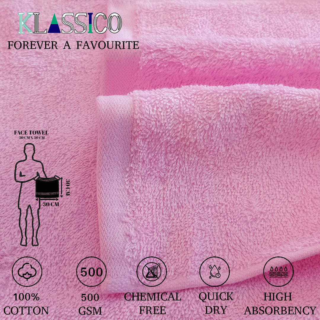 Klassico Face Towel 500 GSM, Size 30 * 30 cm, Soft & Fluffy towel, (Pack of 6) | - Regency India